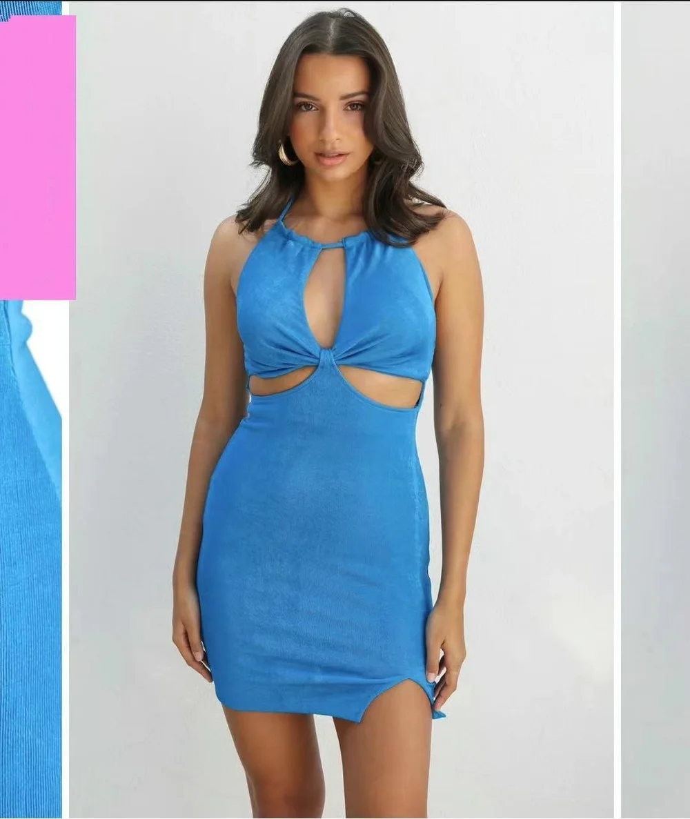 

2022 Summer Halter Hollow Out Backless Sexy Women Mini Dress Party Sleeveless Lace Up Bodycon Knitted Dresses Casual Clubwear