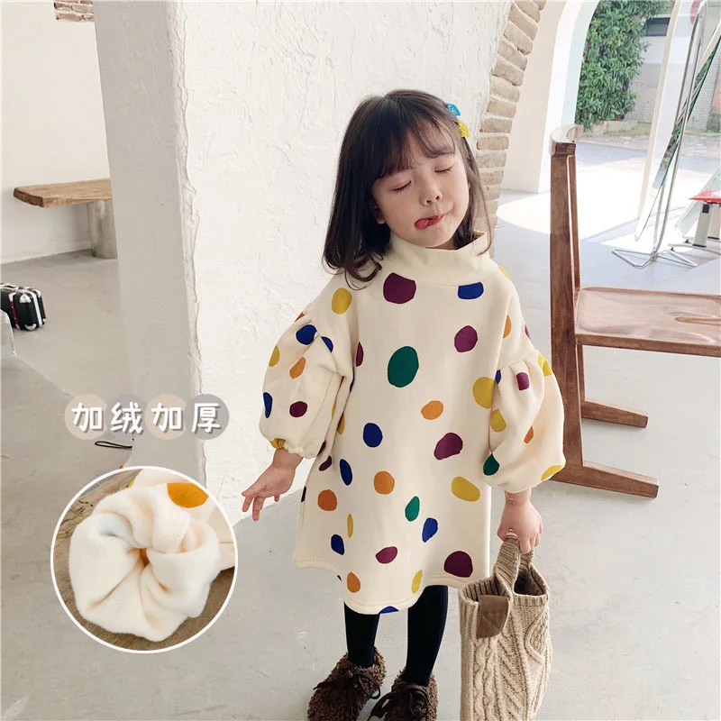 

Autumn Winter 2022 Fashion Girls Colorful Dot Printing Loose Dress Puff Sleeve Fleece Lining Warm Casual Dresses