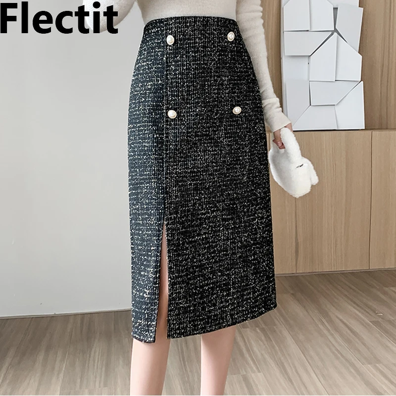 

Flectit Tweed Skirt with Gold Button Side Slit High Waist Metallic Midi Skirt Women Ladies Elegant Office Outfit