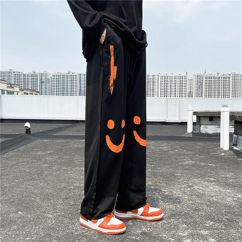 

Smiley Print Wide Leg Pants Men and Women Autumn Trend Ins Casual Trousers Couple Loose Mopping Pants Streetwear Women