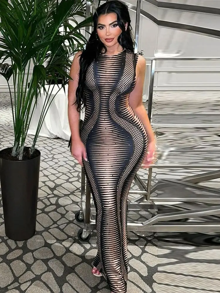 

Slim Maxi Dress For Women Sexy Striped Print Sleeveless Bodycon Dresses Summer Female Club Party Night Dress Black Outfits 2022