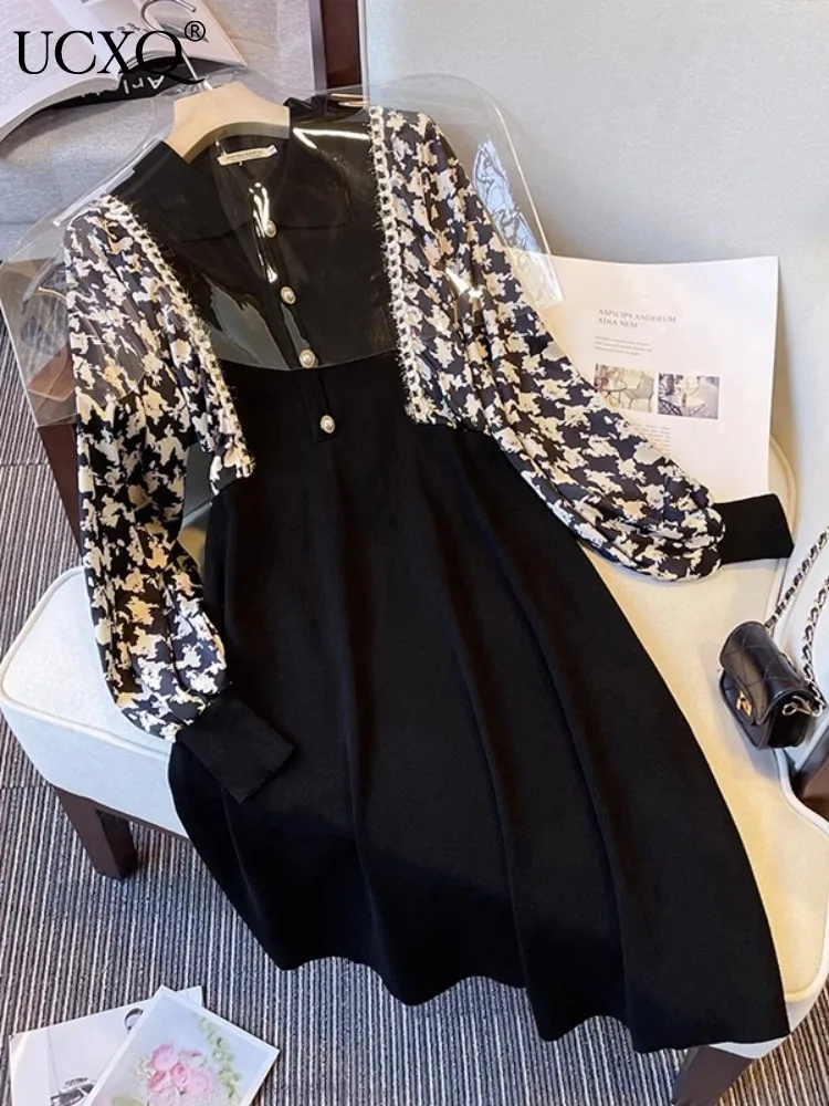 

UCXQ Fashion Lapel Plaid Stitching Fake Two Pieces Knit Long Dress Women's Single Breasted Patchwork 2023 Autumn Winter 23A6256
