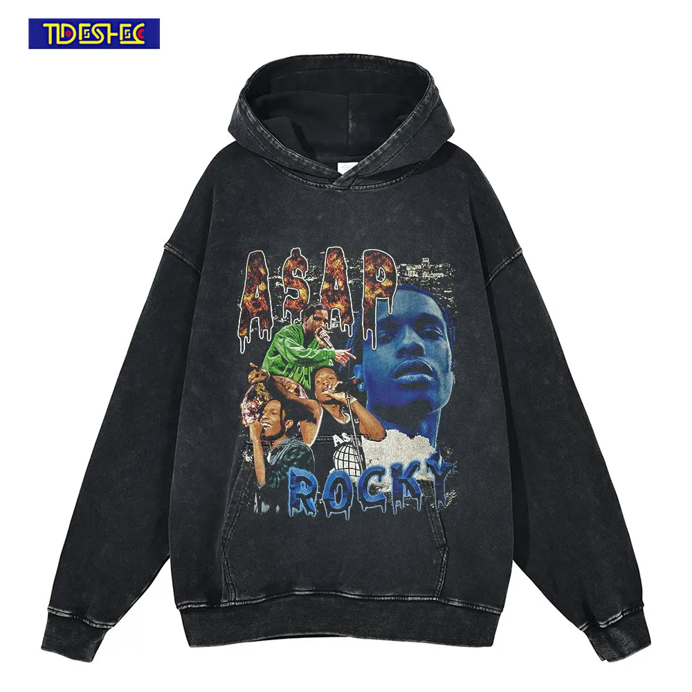 

TIDESHEC Men Vintage Rapper Portrait Graphic Hoodie Pullover Cotton Sweatshirt Hip Hop Streetwear Loose Oversize Washed Hoodies