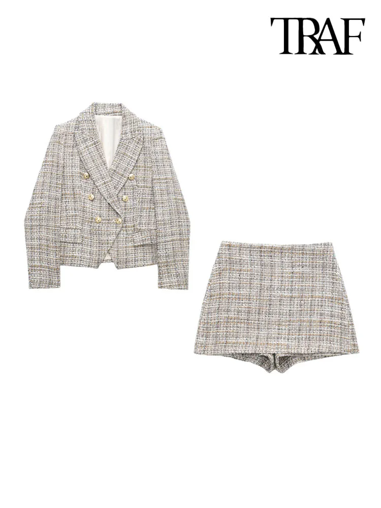

Женский комплект из двух предметов, двубортный твидовый пиджак и юбка с завышенной талией и шорты на молнии сбоку