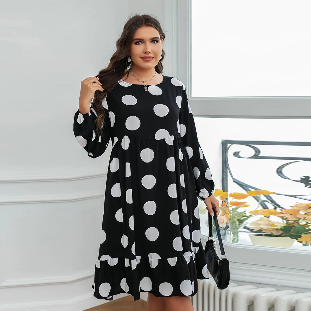 

Plus Size Women Polka Dot Dress Long Sleeve Ruffles Tops O Neck French Polka Dot Long Sleeve Dress L-4XL