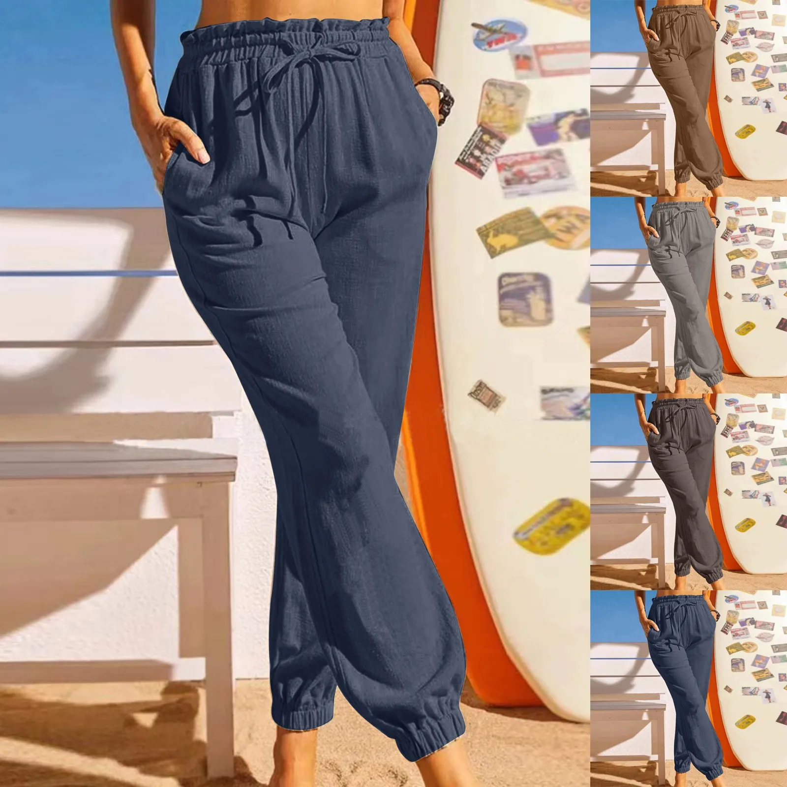 

2022 Spring Summer Casual Cotton Linen Pants Women Elastic Waist Solid Pockets Retro Loose Women's Harem Pants Trousers Bottoms