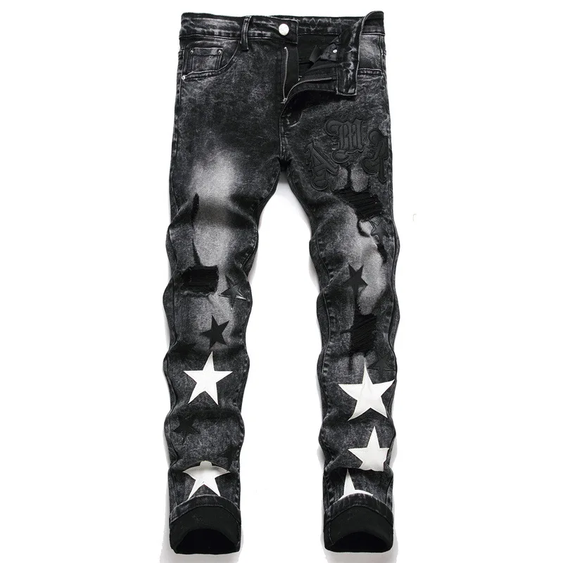 

Stars Jeans Men Embroidery Ripped Trend Motorcycle Pants Streetwear Black Denim Slim Fit Casual Holes Destroyed Hip Hop Trousers