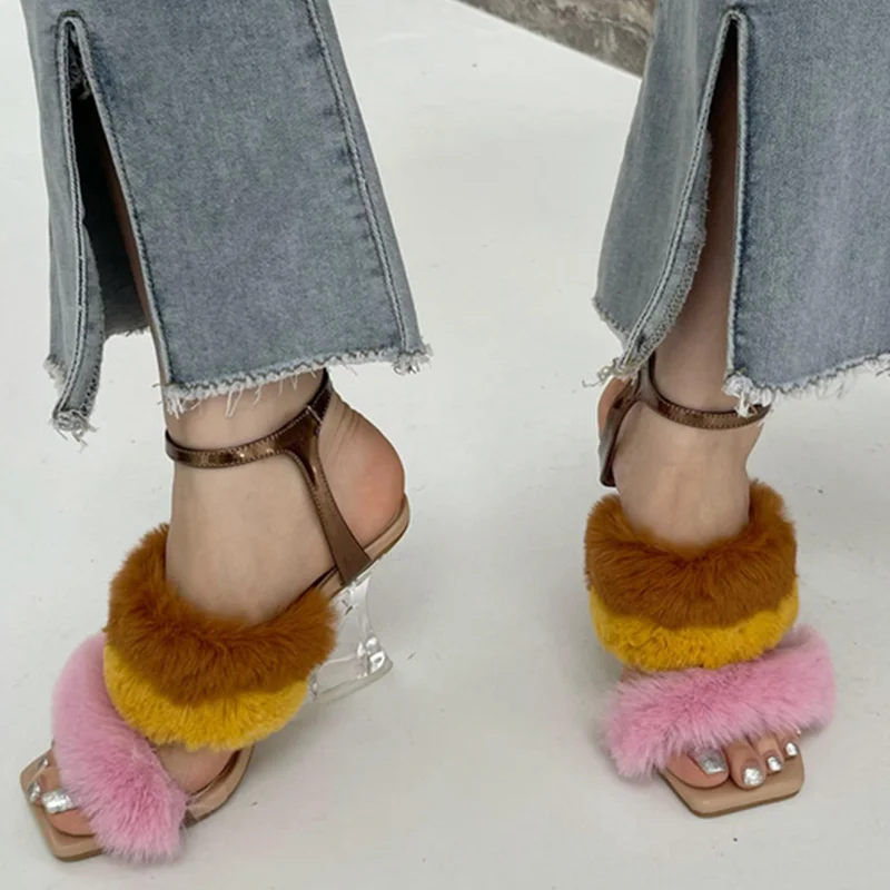 

Mixed Color Comfortable Fur Shoes Ankle Strap Square Toe High Heel Summer Sandals Buckle Open Crystal Heels Shoes