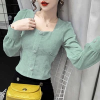 spring and autumn 2022 new womens clothing korean french square collar short long sleeved corduroy top coat lady blousers short