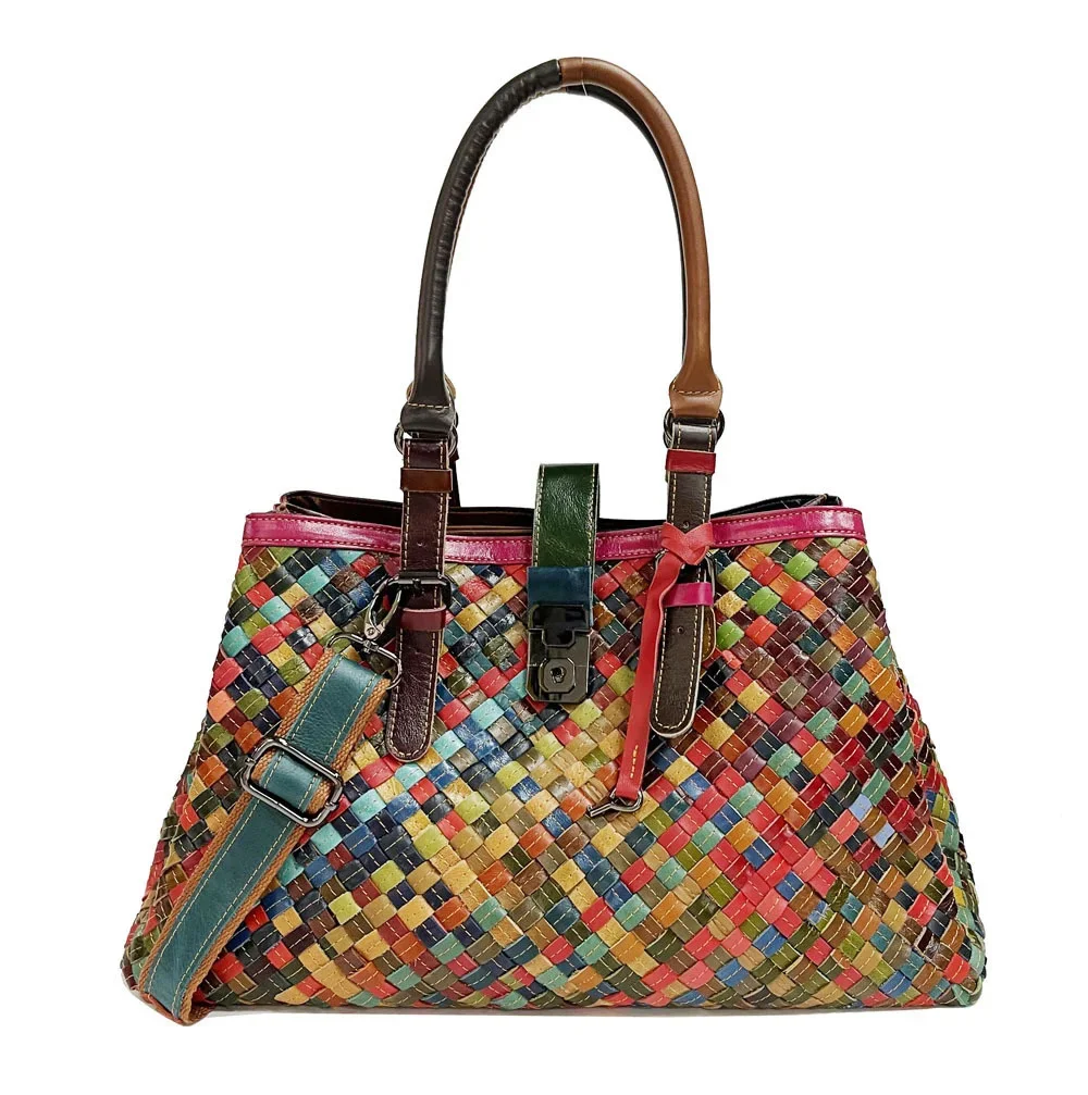 

Cowhide Lady's Bag Fashionable And Large Volume Bucket Bag Woman's One-shoulder Bag Fashionable Multi-color Weaving Handbag