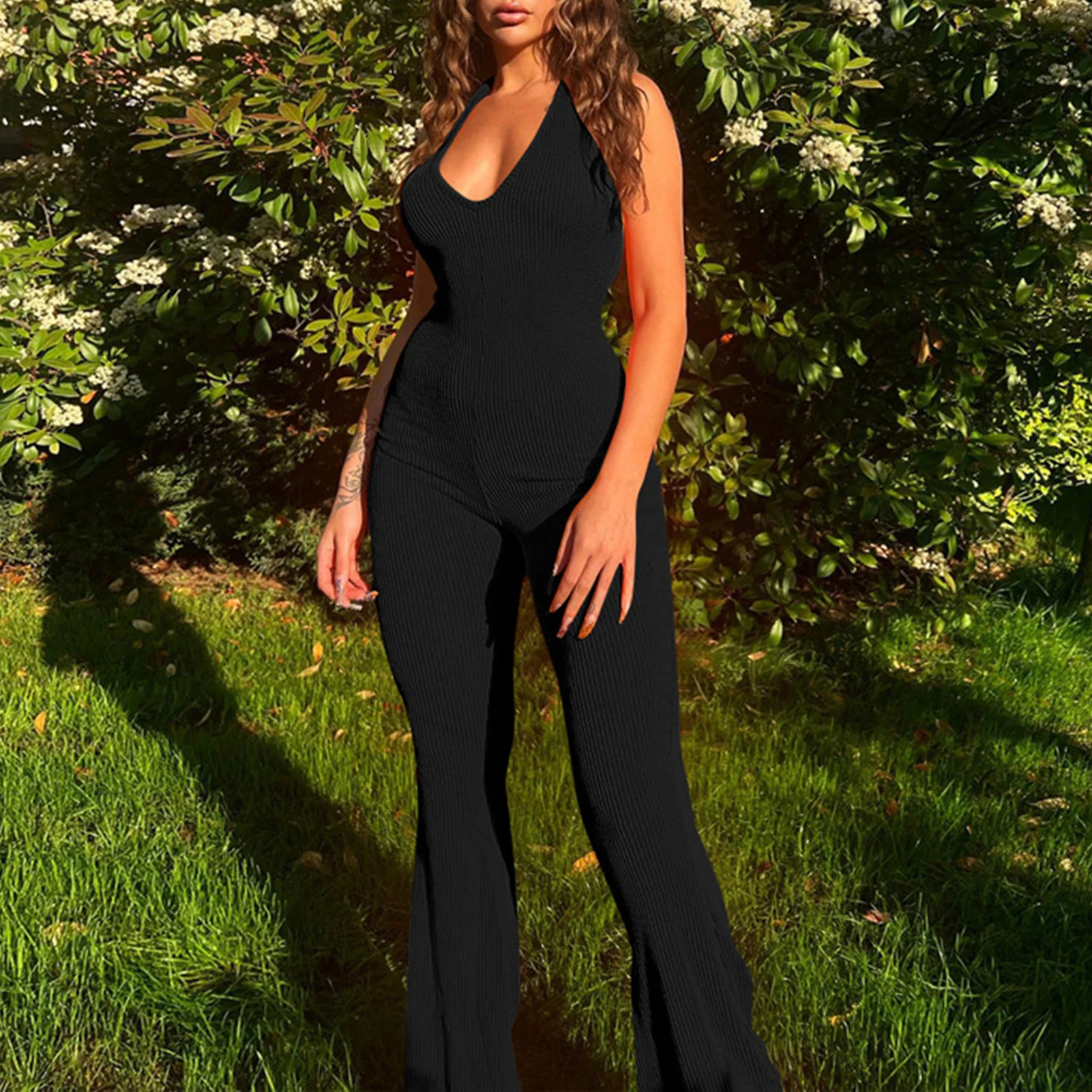 

Женский Длинный комбинезон с лямкой на шее, однотонный летний комбинезон с глубоким V-образным вырезом, повседневные Комбинезоны на шнуровке, сексуальный наряд