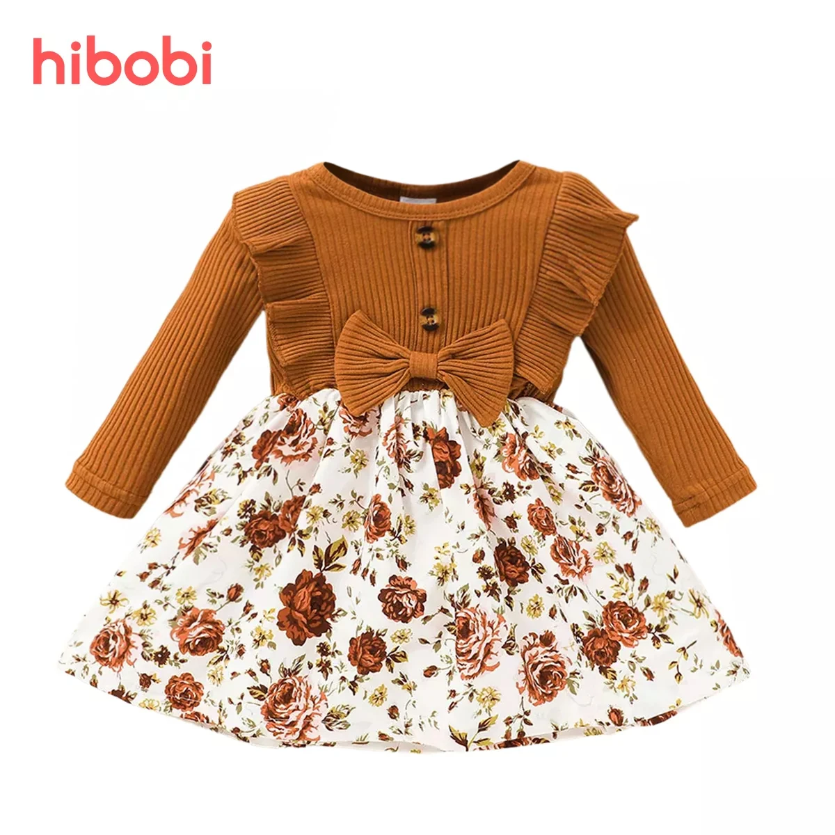 hibobi Baby Girl Dress Knee Length Dresses  Bow Tie Cotton Long Sleeve  Floral Printed  Dress For Infant Babi Clothes