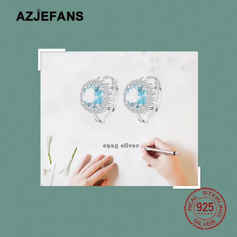 Фото Серьги AZJEFANS из стерлингового серебра S925 с синим цирконом, круглой формы, изысканные ювелирные изделия №3
