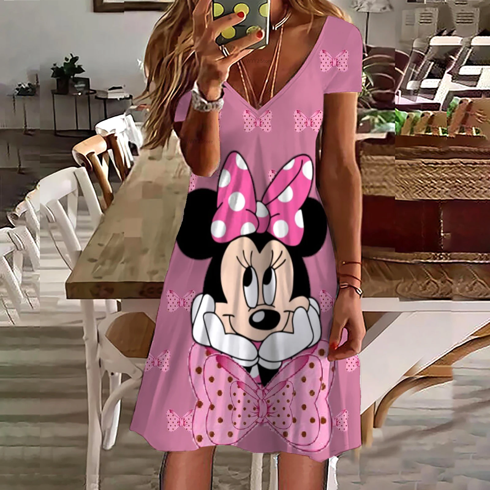 

Women's Beach Dresses Disney Mickey/Minnie Mouse Cartoon Dresses Boho Elegant Dresses Women's Summer 2022 Printed O Neck Tops