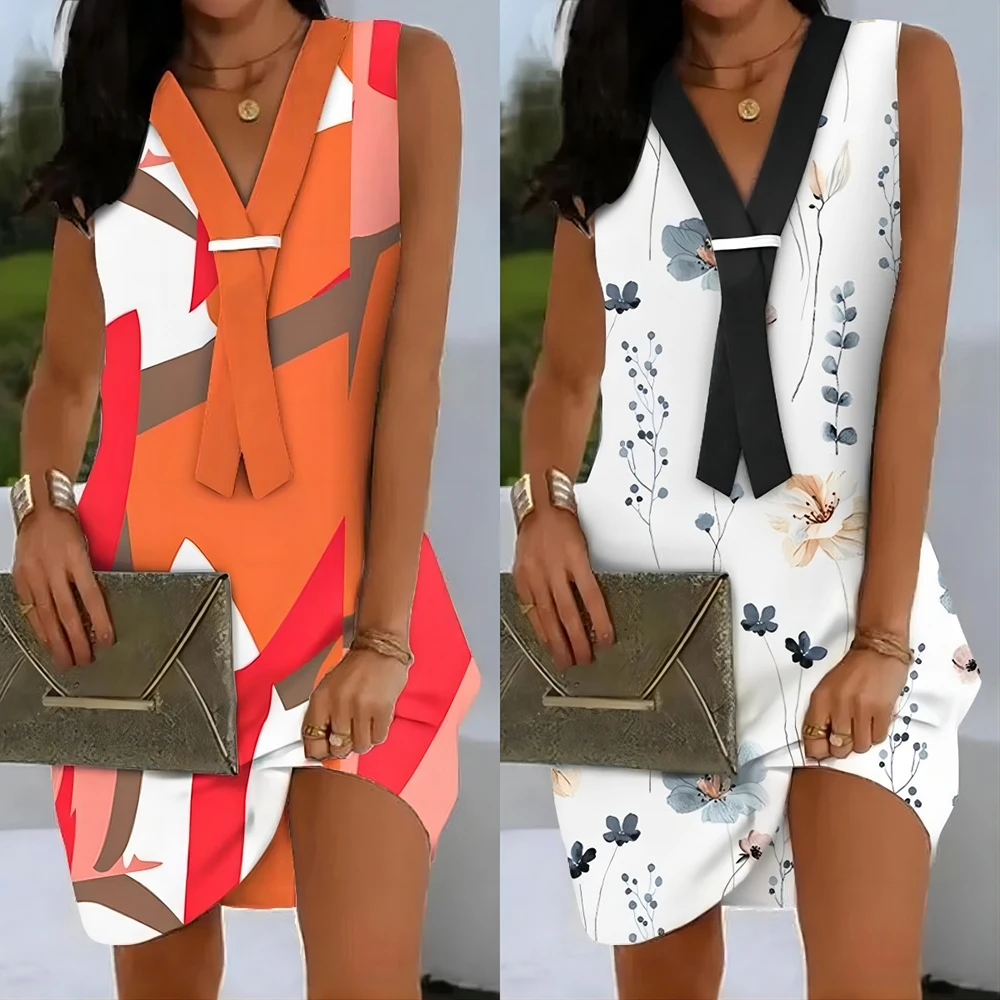 

Fashion Colorblock Fake Tie V-Neck Party Dresses Women 2023 Summer Casual Sleeveless Mini Pit Strip Tank Sundress Chic Vestidos