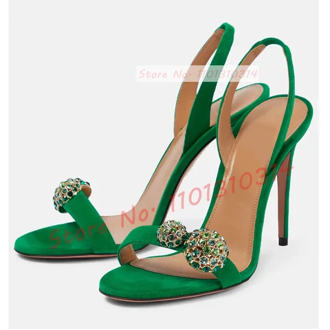 Сандалии женские с открытым носком, цвет зеленый, драгоценные камни, задний ремешок, искусственная замша, обувь на высоком каблуке, летние босоножки с ремешком на пятке