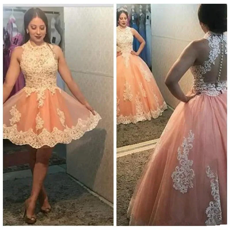 

Blush Pink Sweet 16 Quinceanera Dresses Ball Gown 2 in 1 high Neck Lace Applique Tulle Plus Size Saudi Arabic Prom Dresses