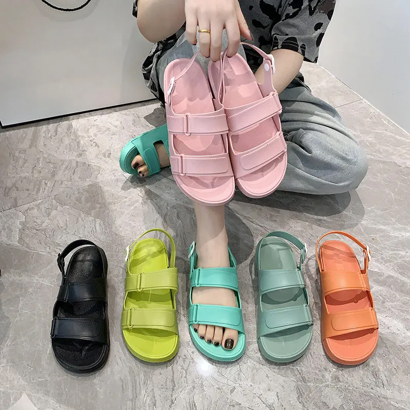 

2022 Women Sandals Flats Platform Casual Ladies PVC Fashion Female Beach Shoe Footwear Summer Shoes Candy Color Buckle Strap