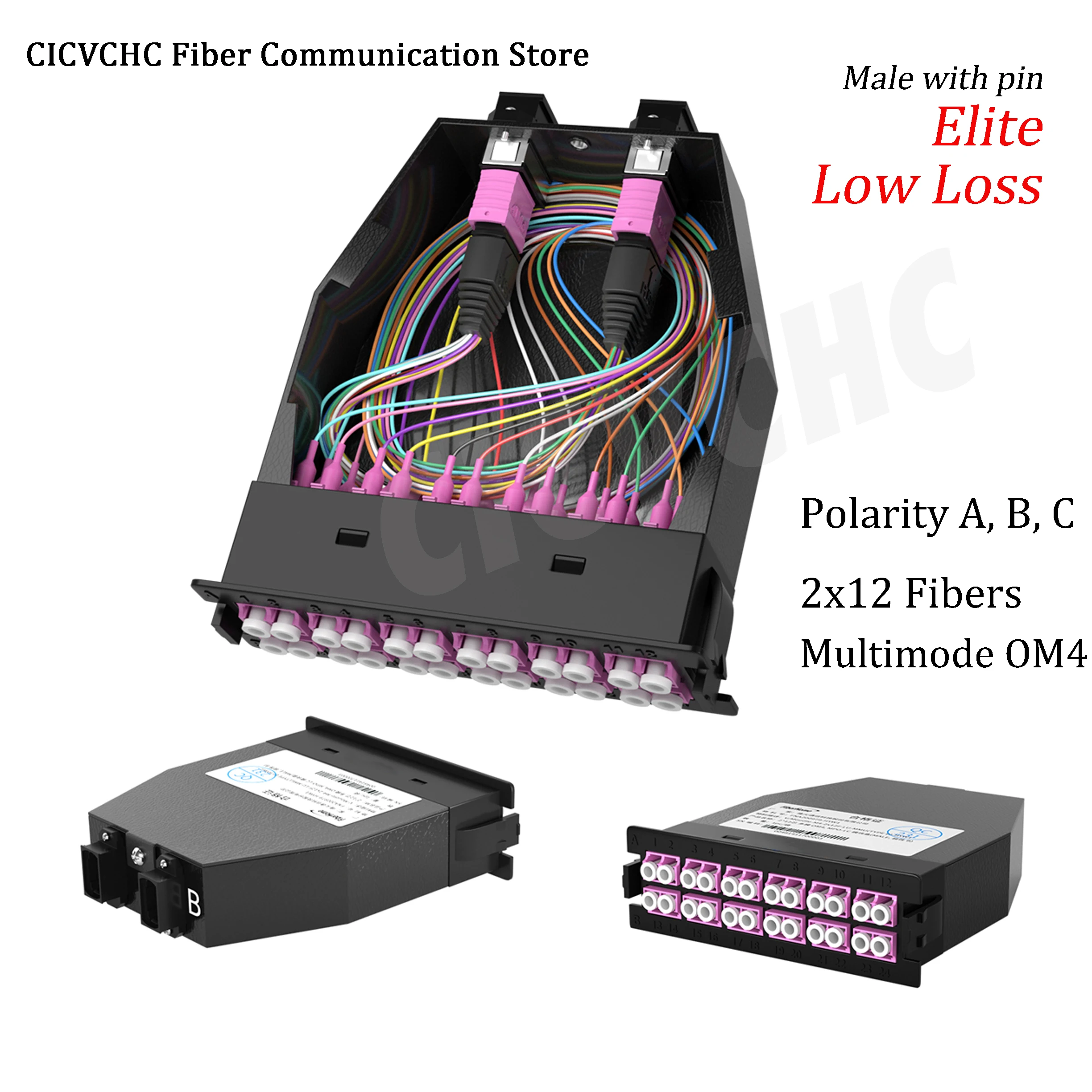 2x12 Fibers High Density MPO/UPC to LC/UPC Conversion Cassette Module, OM4, Polarity A, AF, B, LGX Box