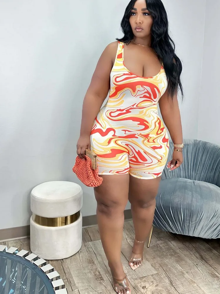 

Женский Облегающий комбинезон без рукавов, повседневный слитный винтажный комбинезон с низким вырезом и принтом, летние облегающие комбинезоны