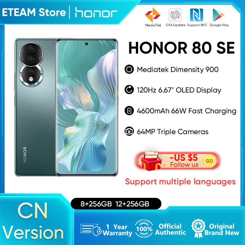 HONOR 80 SE 5G SmartPhone 6.67 inch OLED Curved Screen Dimensity 900 Octa Core 64MP Triple Cameras 66W SuperCharge Mobile Phone