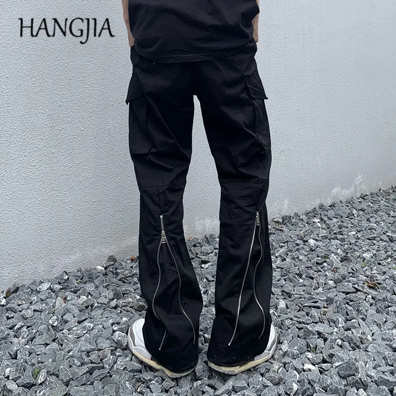 Hip-hop Retro Black Cargo Flared Pant Harajuku Streetwear Adjustable Joggers Pants Men Loose Casual Wide Leg Pants for Men Women