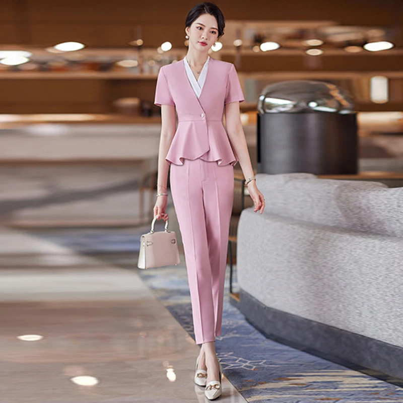 Professional Women's Pant Suit Blazer 2 Piece Set 2022 New Summer Slim Fit Ruffle Ladies Jacket Elegant hotel work clothes