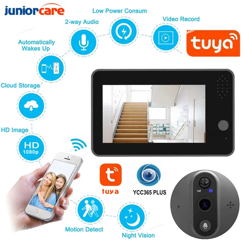 

Wifi Doorbell Camera Tuya Peephole APP Control HD1080P For IOS Andriod Night Vision PIR Motion Detection Video Smart door bell