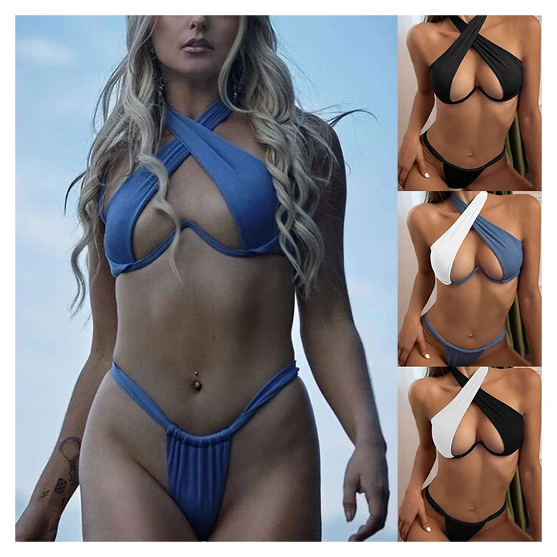 

Женское нижнее белье для плавания в наличии 2 шт, сексуальное бикини с лямкой через шею, с застежкой на крючок сзади, с высоким вырезом