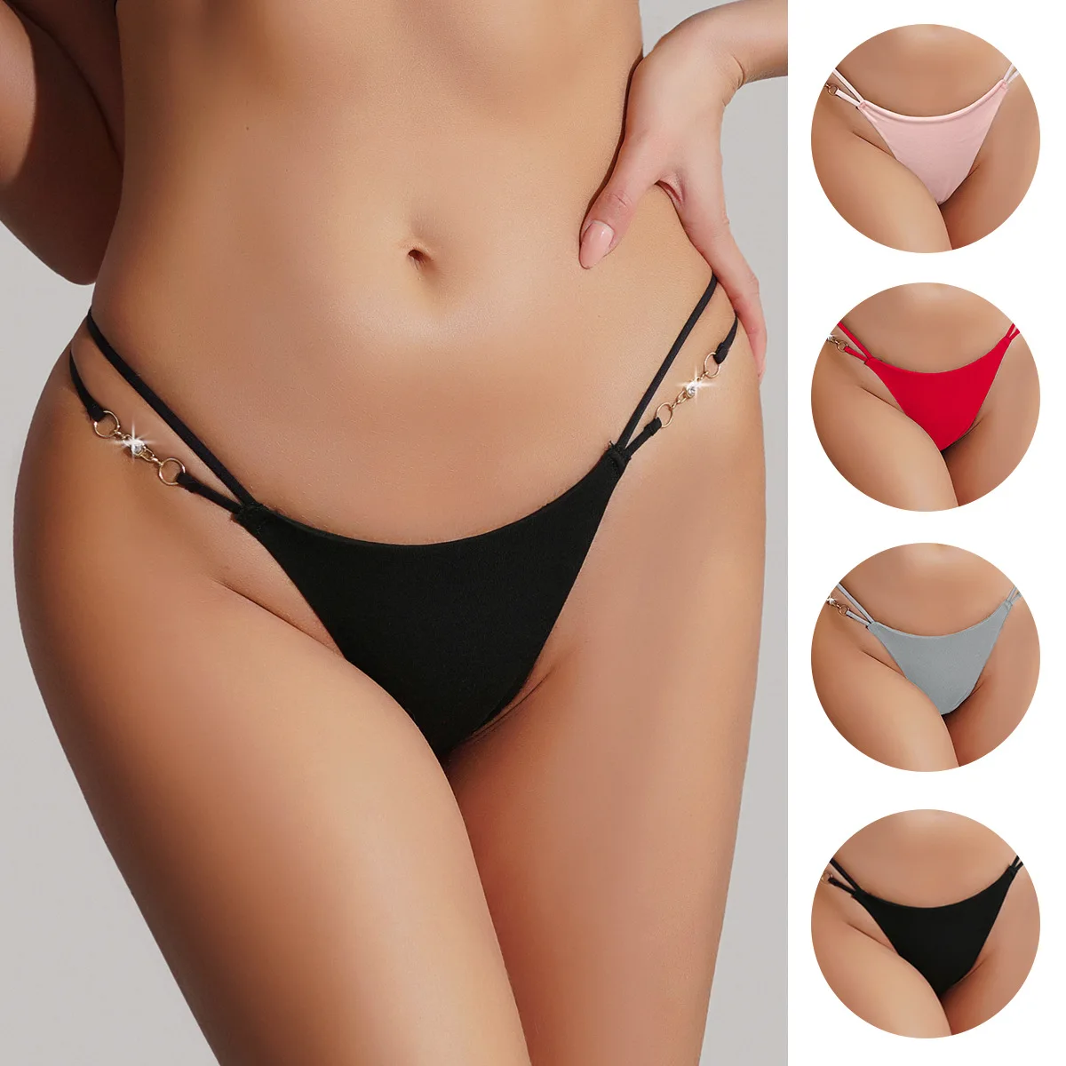 

European and American Comfortable Metal Chain Thin Strap T-line Cotton Panties Girls Half Wrapped Hip Fun Non-marking Tong