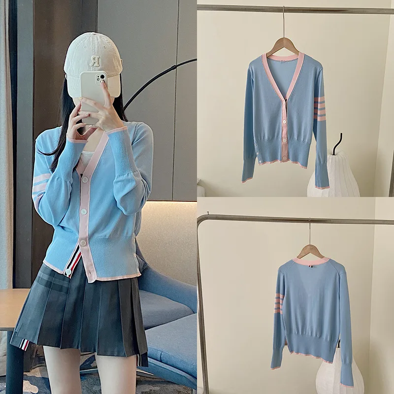 

High Quality Korean TB Spring/Summer New Fashion Four Bar Top Pink Blue Contrast Casual Slim Fit V-Neck Knitted Cardigan Women
