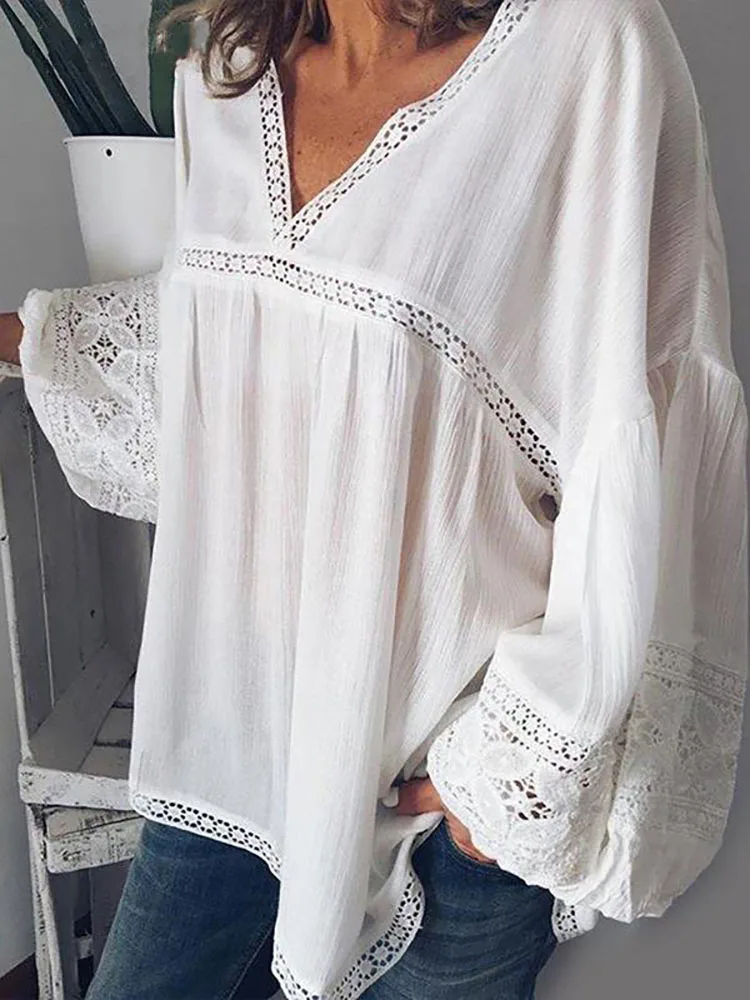

Spring Office Sexy V Neck Pullover Blusas Summer Fashion Long Sleeve Loose Solid Shirt 2022 Elegant Lace Cutout Tops Blusas