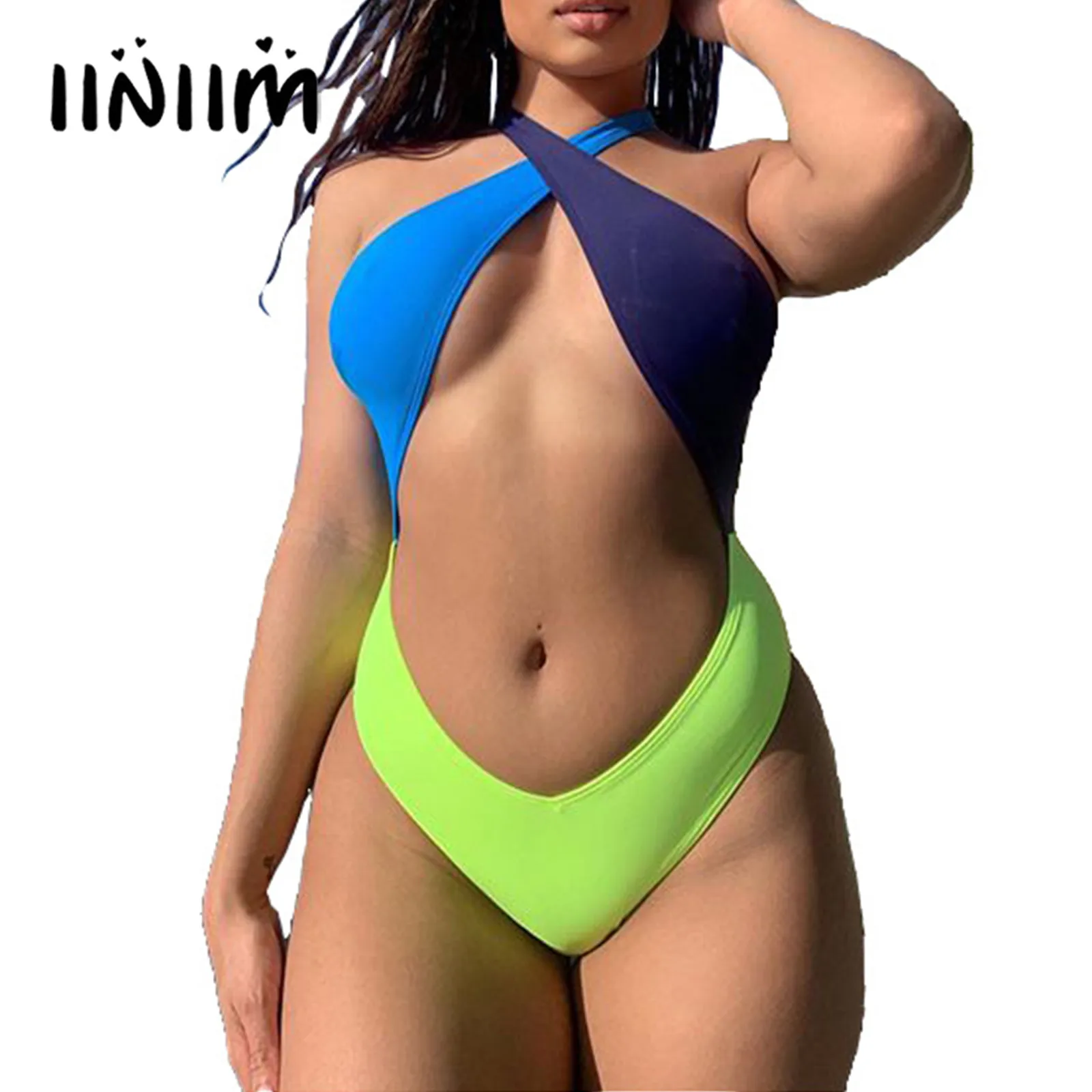 

Женский модный монокини с цветными блоками, купальник с перекрестной шнуровкой, женский слитный купальник для загара, купальный костюм