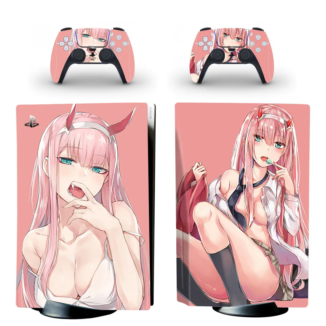 Anime Cute Girl Zero Two PS5  Disc Sticker Decal Cover for PlayStation 5 Console and 2 Controllers PS5 Disk Skin Vinyl