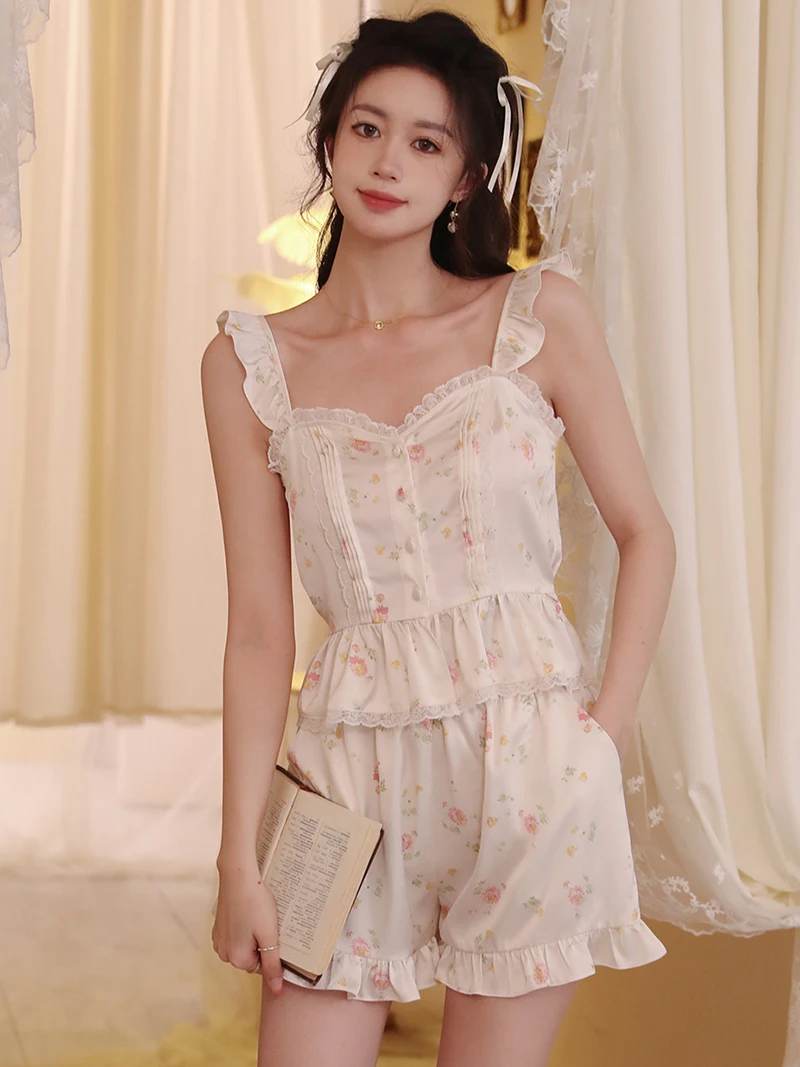 Women Summer Sweet Girl Sleeveless Silk Pajama Two Piece Set Loose French Print Ruffles Homewear Victorian Night Loungewear