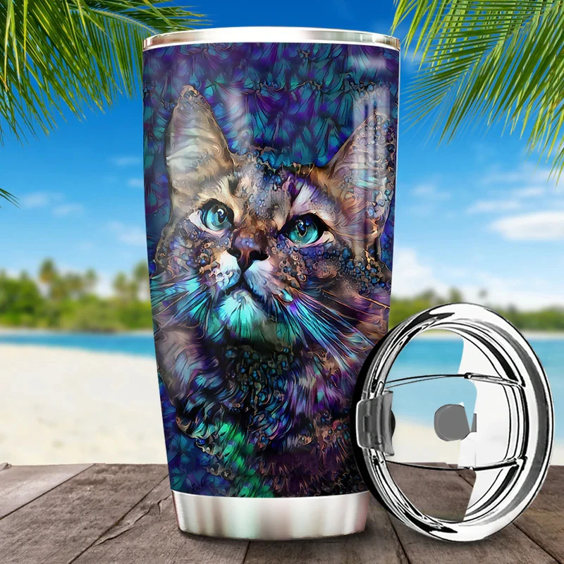 20oz Cat Glass Style Tumbler Personalized Stainless Steel Vacuum Insulated Customized 3D Print Double Wall Travel Tumbler Mugs