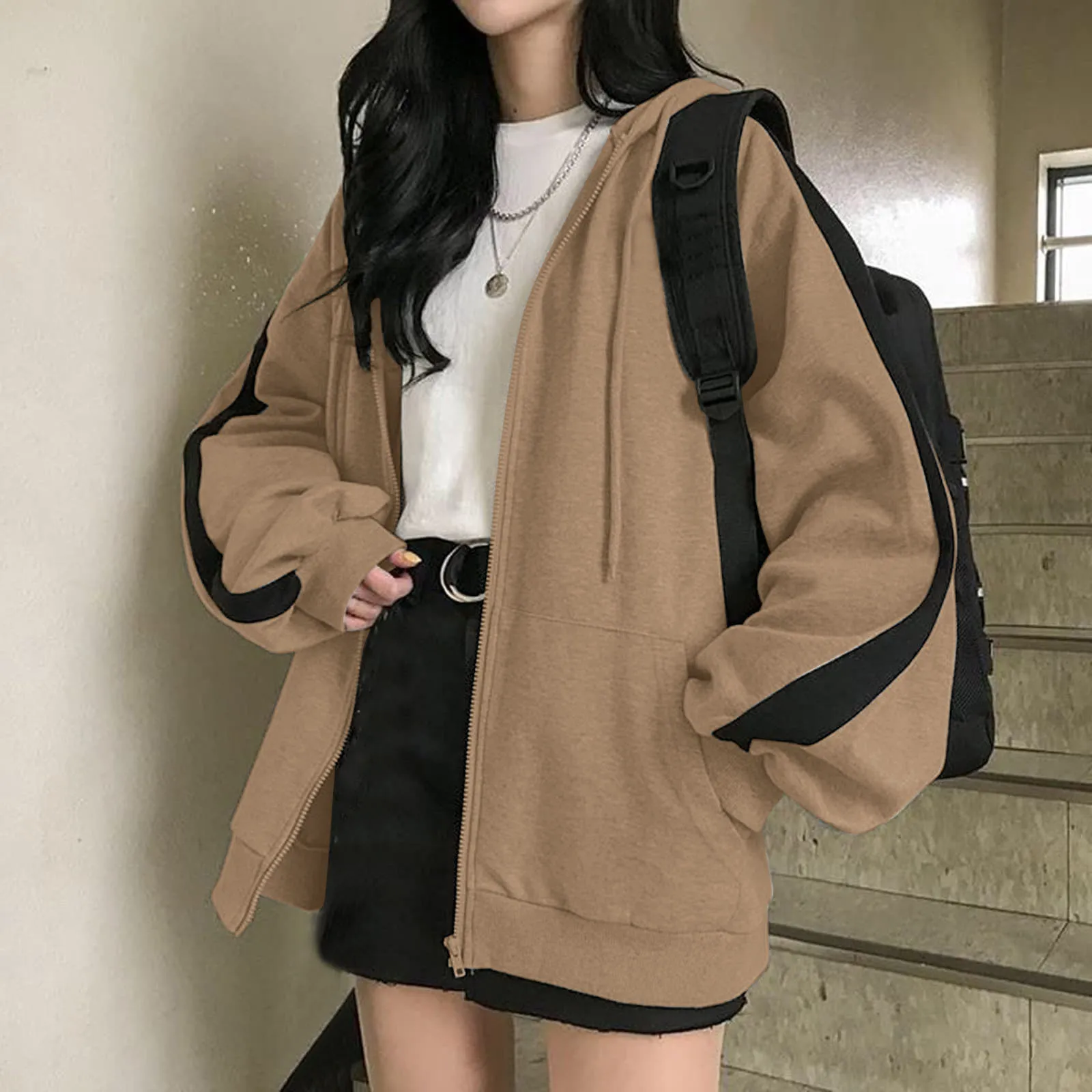 

Womens Zip Up Hoodie Vintage Oversized Basic Hoodies E Girl Baggy Sweatshirts Knitted Sweater Jackets Tunic Sweatshirts Women