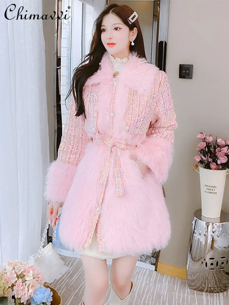 

Кожаное меховое пальто из лисьего меха 2023 зимняя одежда новая модная элегантная женская Свободная Милая твидовая куртка с длинным рукавом ...