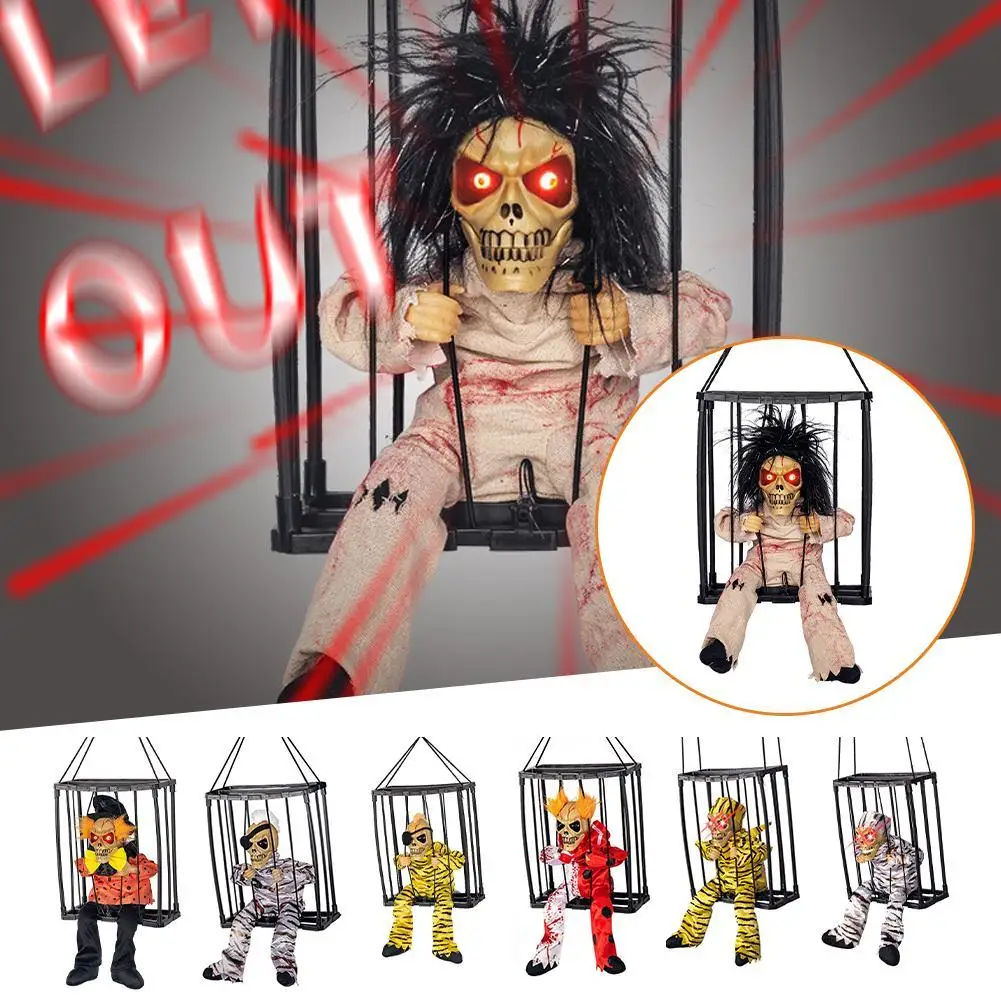 

Halloween Decoration Prisoner Ghost In Cage Scary Skull Prop Electric Skeleton Toy Glowing Eye Sound Doll Hangable Talking Ghost