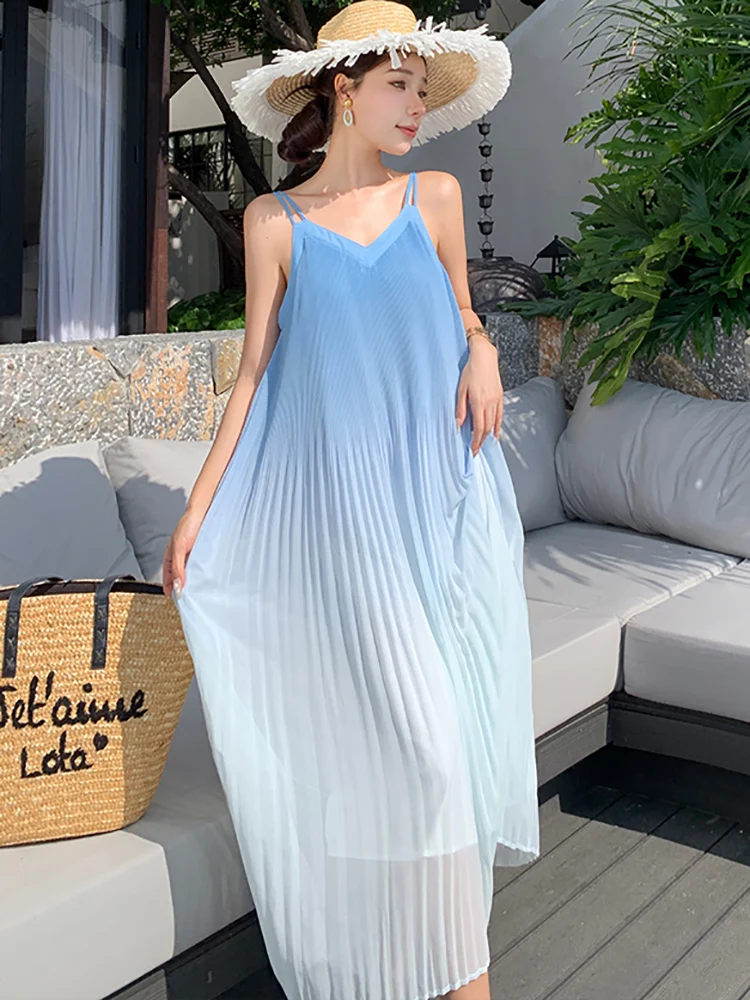 Женское шифоновое платье на бретельках Голубое Длинное Элегантное повседневное
