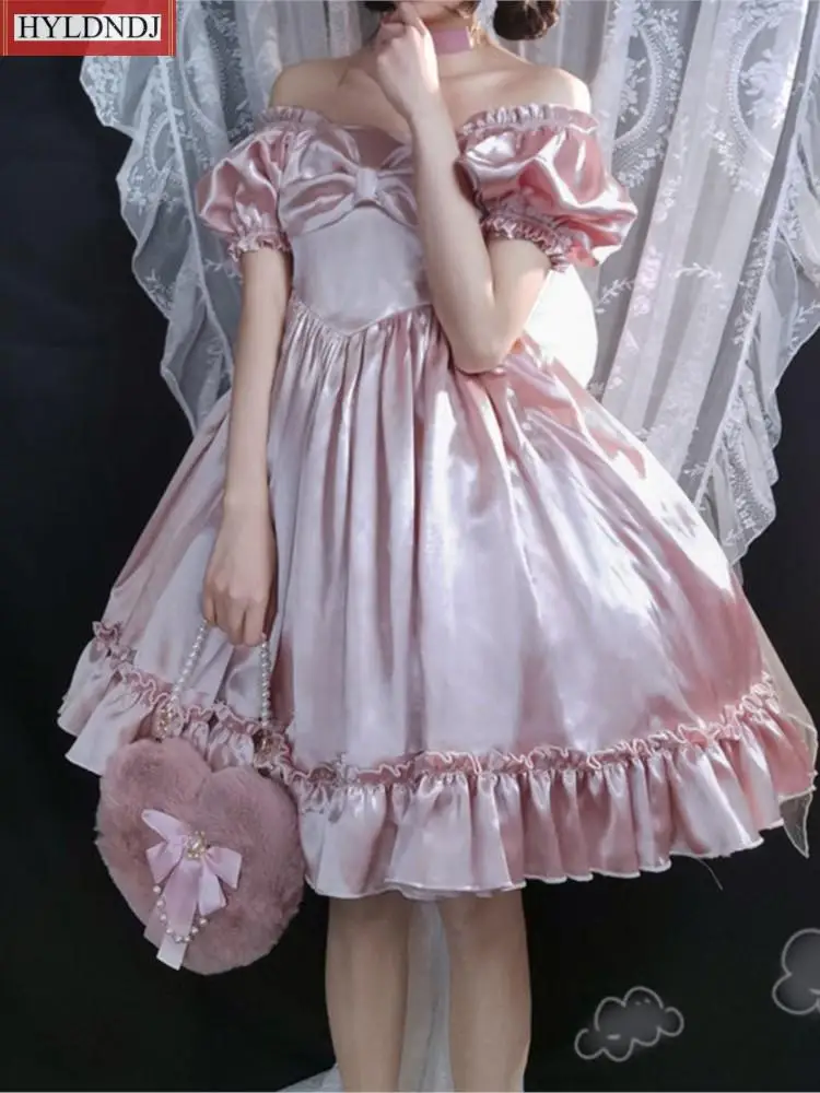 

2023 Pink Dress Women Vintage Princess Dress Satin Silky Lace Ruffles Bow Party Lolita Dress Dresses