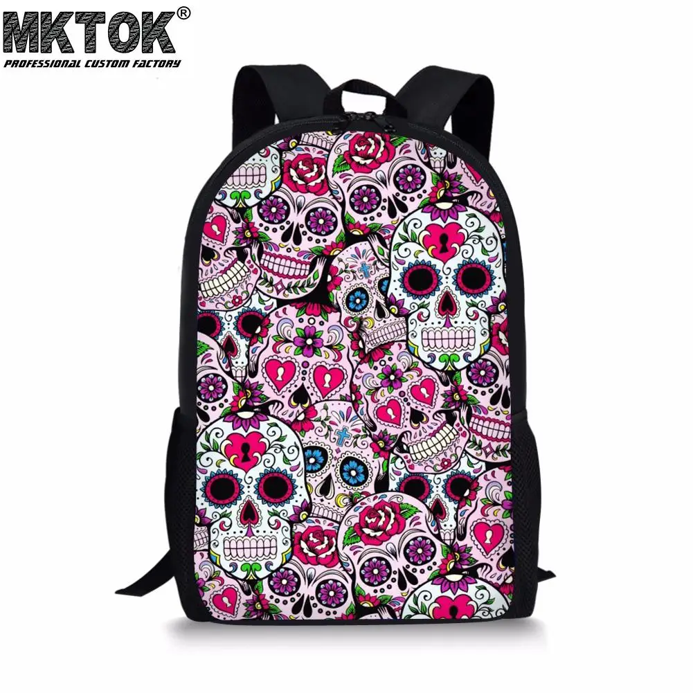 Skull Flower Pattern School Bags for Girls Fashionable Teenagers Backpacks Padded Back Waterproof Students Satchel Free Shipping