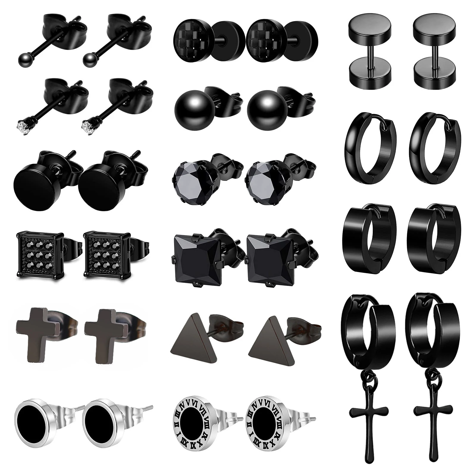 

16 Pairs Stainless Steel Black Stud Earrings Jewelry Piercing Cross Dangle Earrings Huggie Hoop Earrings Set for Men Women