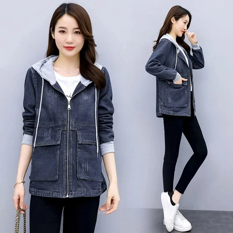 

Denim Jacket Womens 2022 Spring Autumn New Korean Loose Versatile Retro Jeans Jacket Women Fashion Casual Hooded Outerwear