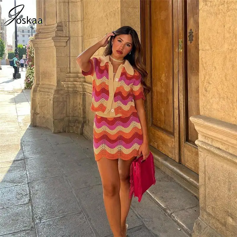 

Joskaa Striped Knit Casual Two Piece Set Women Lapel Button Crop Top and Irregular Mini Skirt Suits 2023 Street Style Attirewear