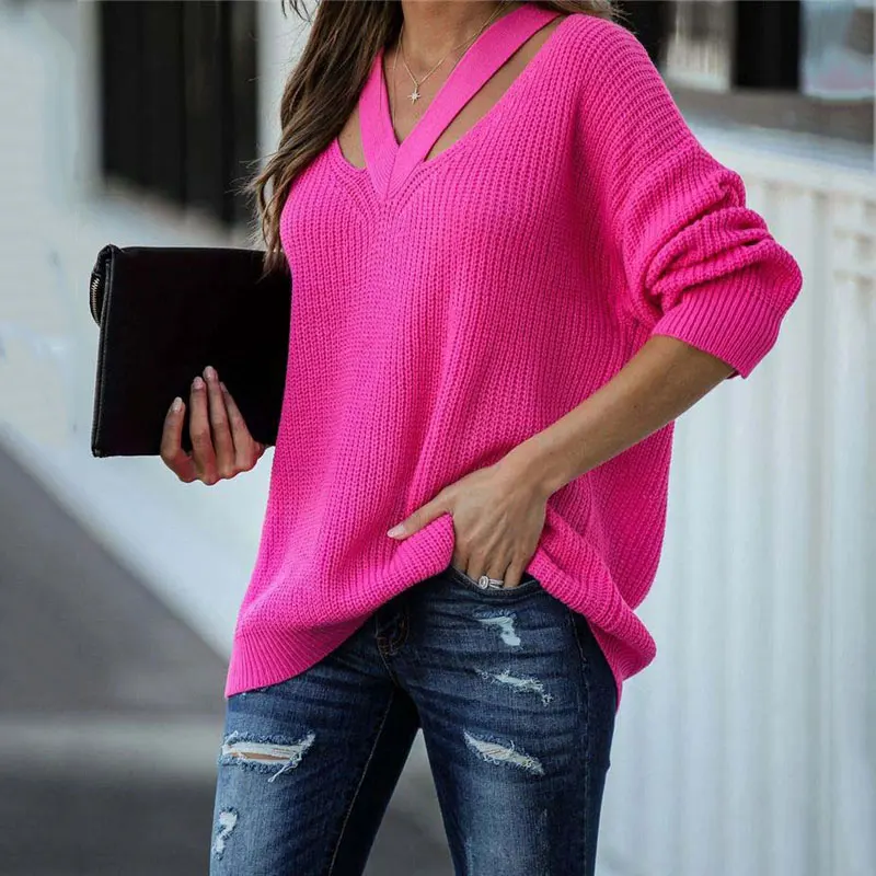 

2021 Autumn Winter Knitted Sweater Women Jumper V Neck Sweater Pullover Women Long Sleeve Loose Sweater For Women