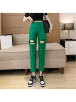 spring summer fashion women high waist hole jeans colorful wide leg denim pants green hollow out women clothes