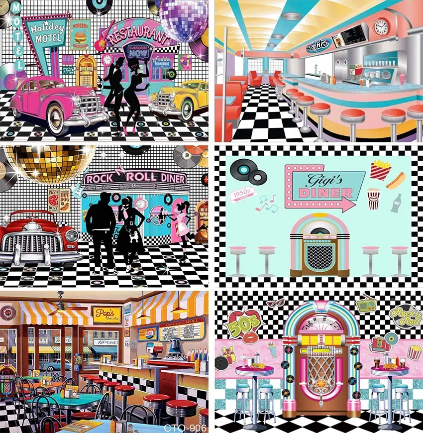 

Rock Roll Party Back To 50's Sock Hop Photography Backdrop 50s Retro Diner Time Rock Roll Classic Party Decoration Background