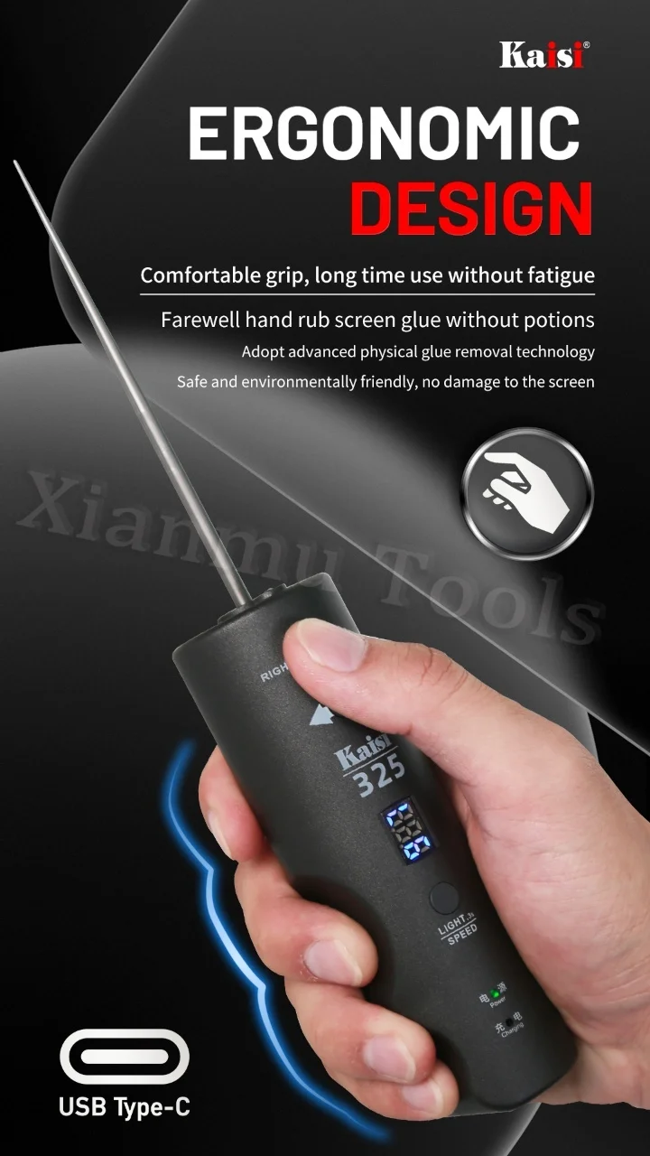 Фото Электрическое средство для удаления клея Kaisi 325, ремонт ЖК-экрана, USB-C |   6-скоростное реверсивное вращение |   Зеленый светодиодный светильник |   Сильный крутящий момент №3