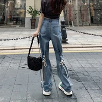 street style lace up mopping jeans womens new retro high waist slim straight denim trousers fashion bandage blue wide leg pants